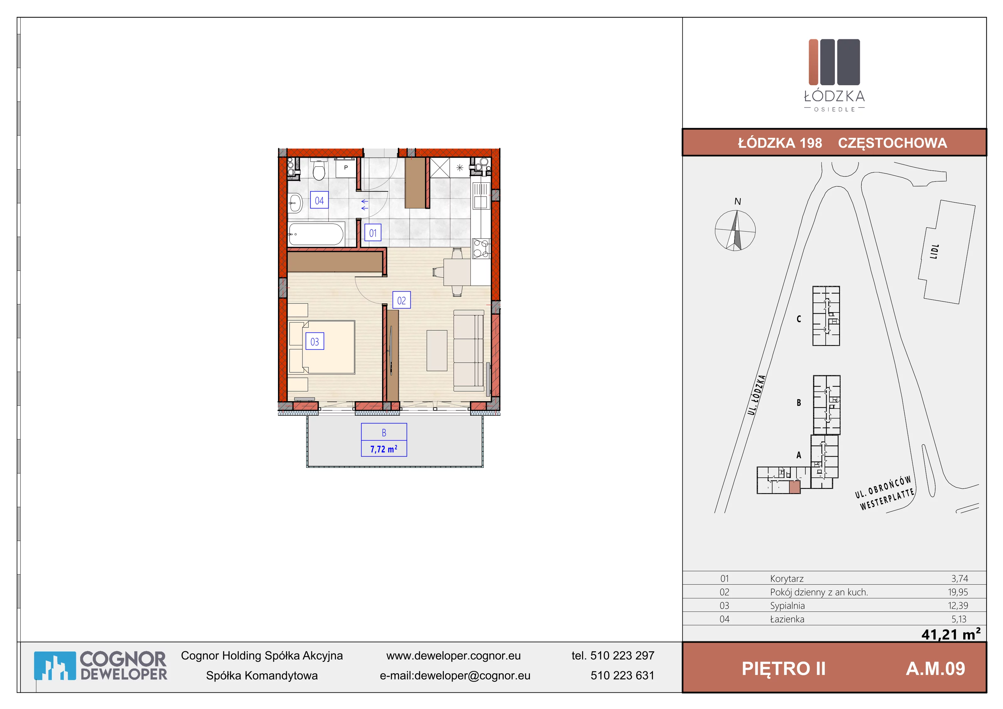 2 pokoje, mieszkanie 41,21 m², piętro 2, oferta nr A.M.09, Łódzka Osiedle, Częstochowa, Częstochówka-Parkitka, ul. Łódzka 198, 200, 202